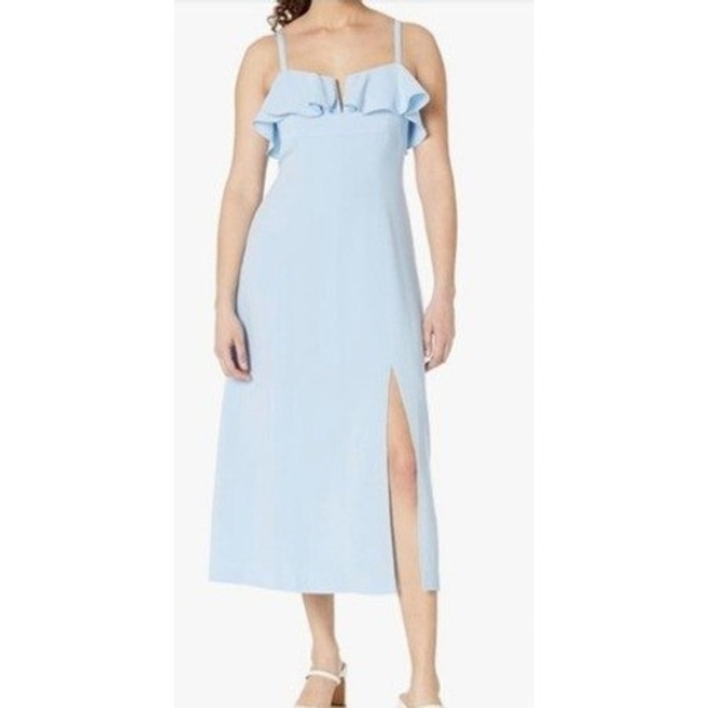 Cinq a Sept Light Blue Ruffle Midi Dress with Side Slit Size 8 Womens Sleeveless